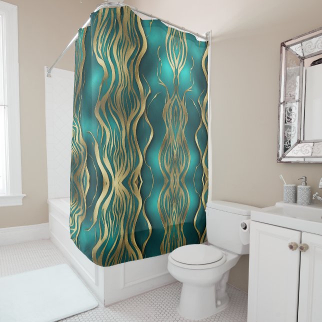 Modern Beige Marble Waves Turquoise Teal Blue  Shower Curtain (In Situ)