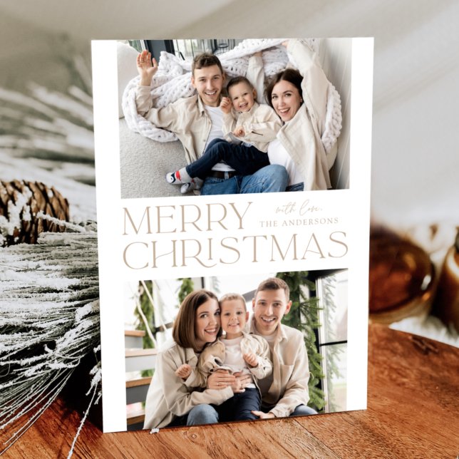 Modern Beige Merry Christmas 2 Photo Holiday Card (Creator Uploaded)