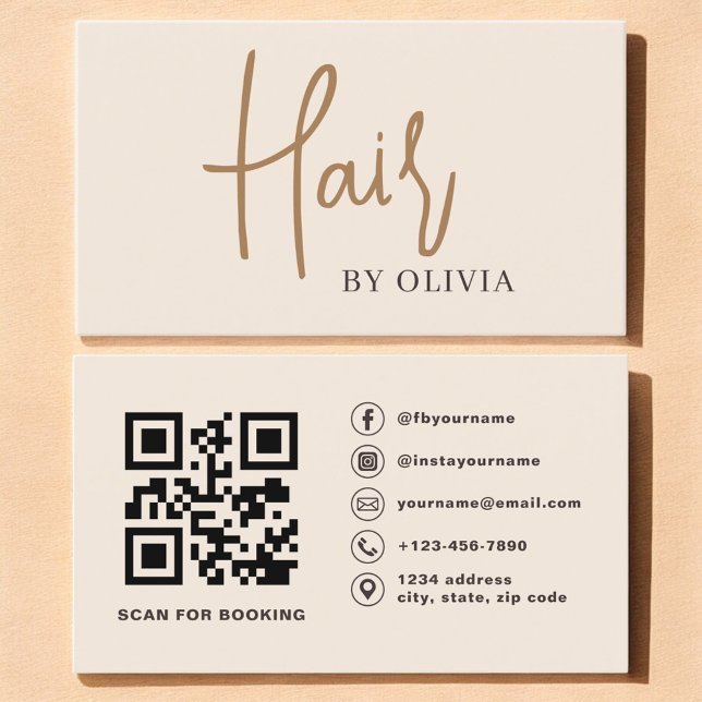  Modern Beige Neutral QR Code Hair Stylist Business Card (Creator Uploaded)
