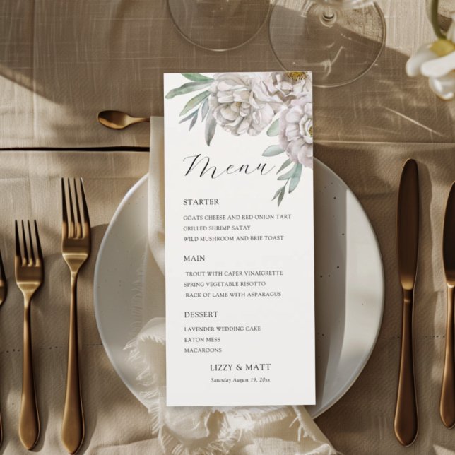  Modern beige & Off White Floral Wedding Menu (Creator Uploaded)