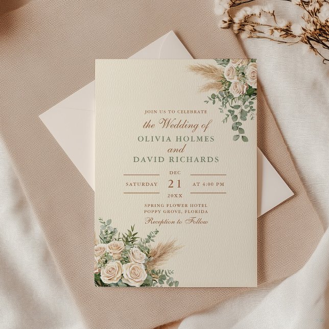 Modern Beige Pampas Grass Boho Wedding Invitation (Modern Boho Pampas Grass & White Rose Wedding Invitation with an envelope on an elegant table)