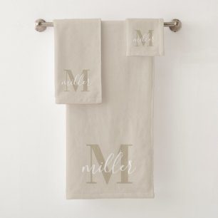 Modern Beige Personalised Family Name Monogram Bath Towel Set