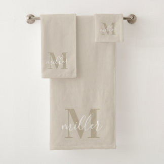 Modern Beige Personalised Family Name Monogram Bath Towel Set