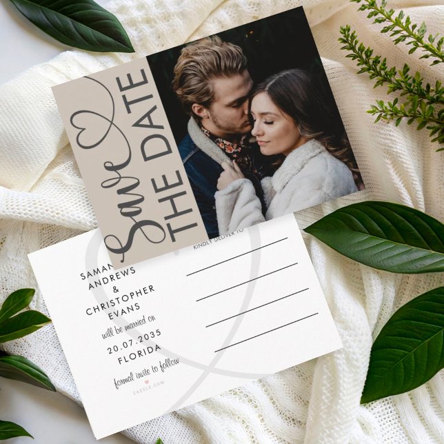 Modern Beige Photo & Heart Save the Date Announcement Postcard (Creator Uploaded)