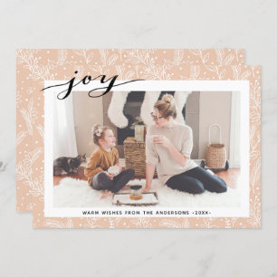 Modern Beige Pine Boughs Elegant Script JOY Simple Holiday Card