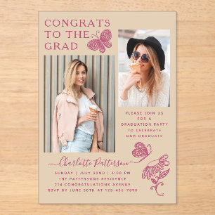 Modern Beige Pink Butterfly Photo Graduation Party Acrylic Invitations
