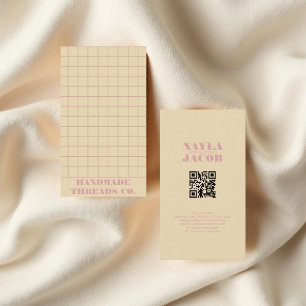 Modern Beige & Pink Chequered Pattern QR Code Business Card