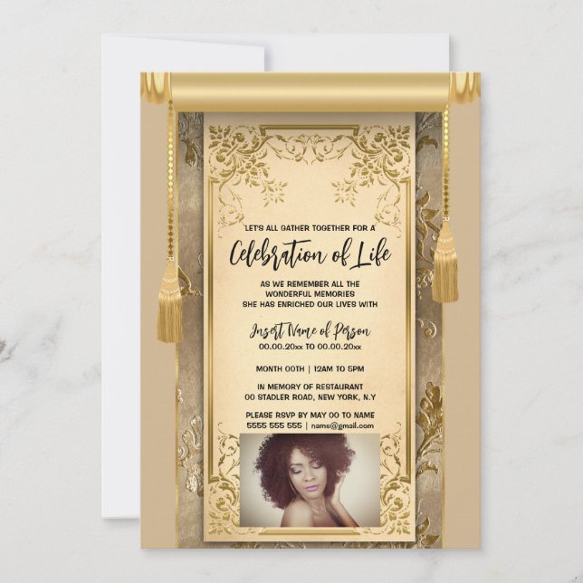 Modern beige satin scroll tassels sepia photo invitation (Front)