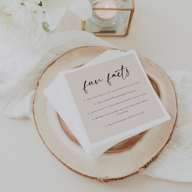 Modern Beige Script 'Fun Facts' Wedding Napkin (Creator Uploaded)