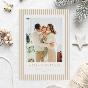 Modern Beige Stripes Family Photo Christmas Holiday Card
