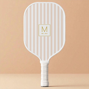 Modern Beige Stripes Simple Gold Initial Monogram Pickleball Paddle