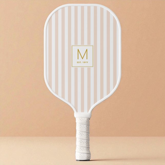 Modern Beige Stripes Simple Gold Initial Monogram Pickleball Paddle (Modern Beige Stripes Simple Gold Initial Monogram Pickleball Paddle)