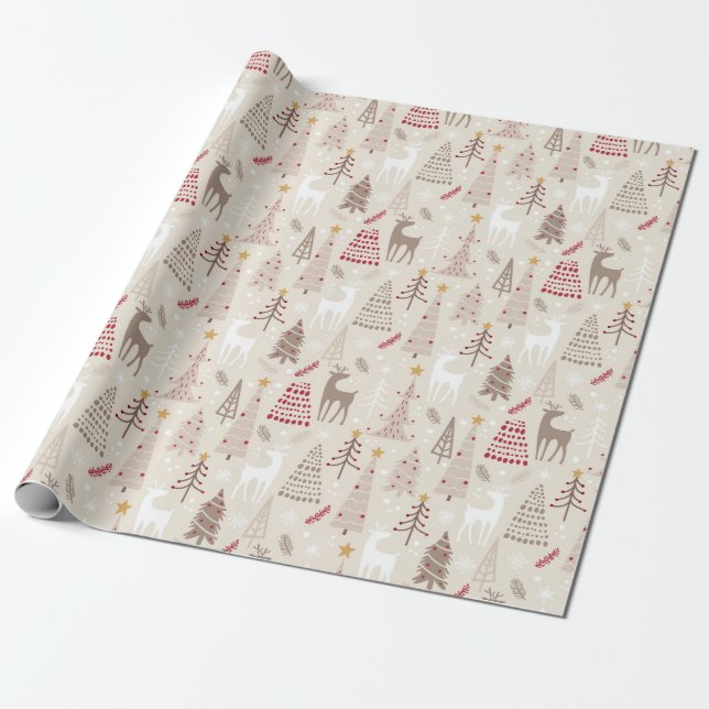 Modern Beige Tan Red Christmas Holiday Wrapping Paper (Unrolled)