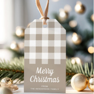 Modern Beige Taupe Plaid Merry Christmas Gift Tags
