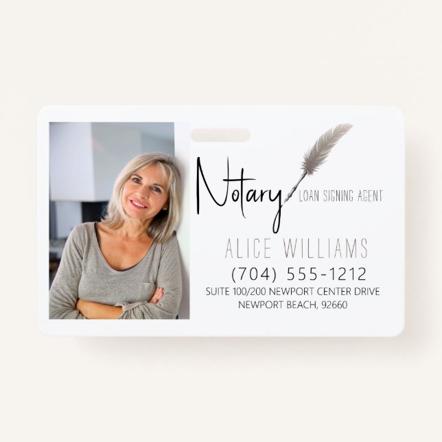 Modern Beige & White Notary Photo Business ID Badge (Front)