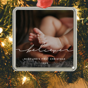 Modern Believe Baby's First Christmas photo Metal Tree Decoration