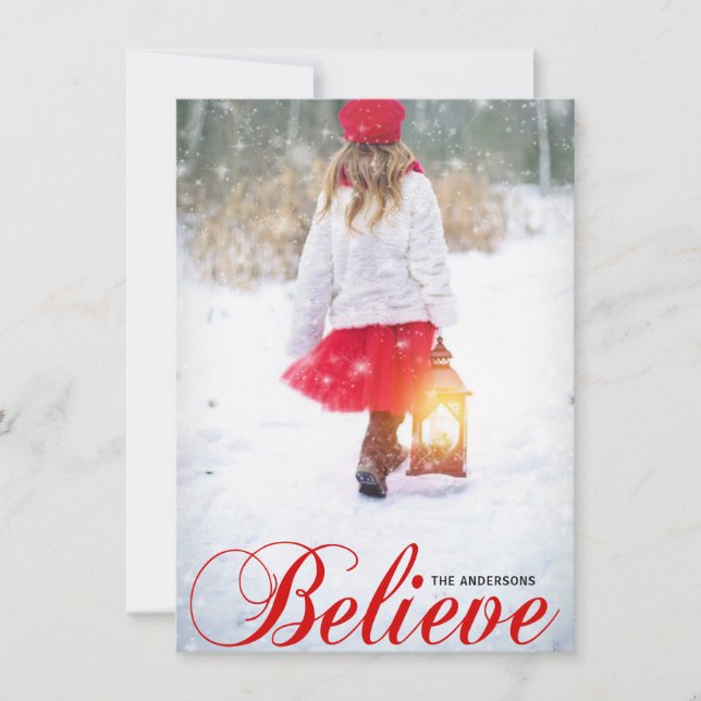 Modern BELIEVE Christmas Red Snowflakes | PHOTO Holiday Card (Front)