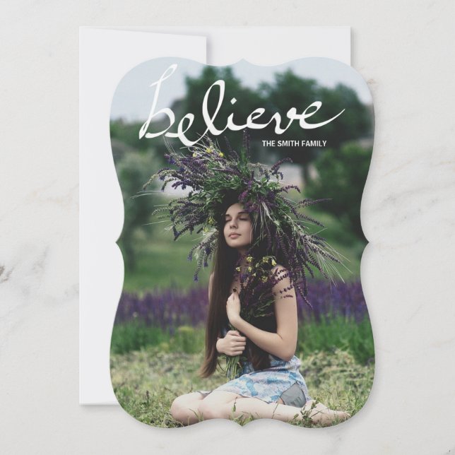 Modern Believe Handlettering Script Holiday Photo Card (Front)