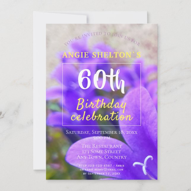 Modern Bellflower Purple Photo 60th Birthday Party Invitation (Front)