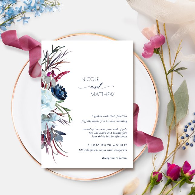 Modern Berry Burgundy and Blue Floral Wedding Invitation (Creator Uploaded)