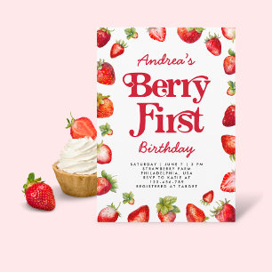 Modern Berry First Strawberry Birthday for Girls Invitation