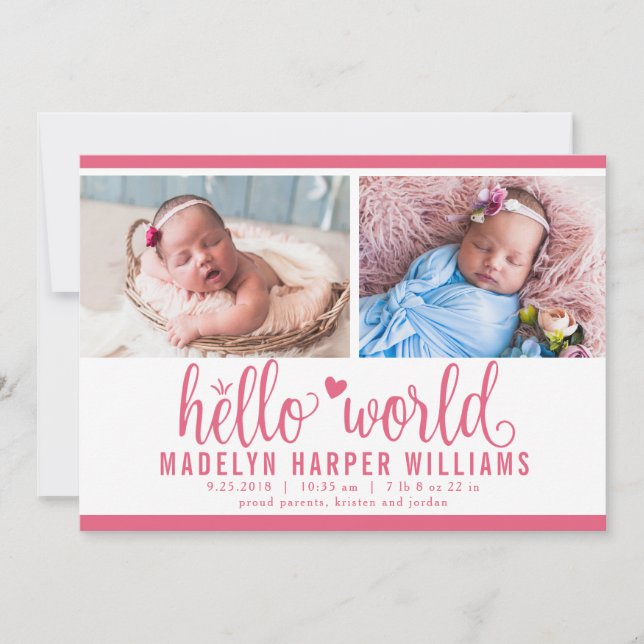 Modern Berry Pink Hello World Photo Collage Announcement (Front)