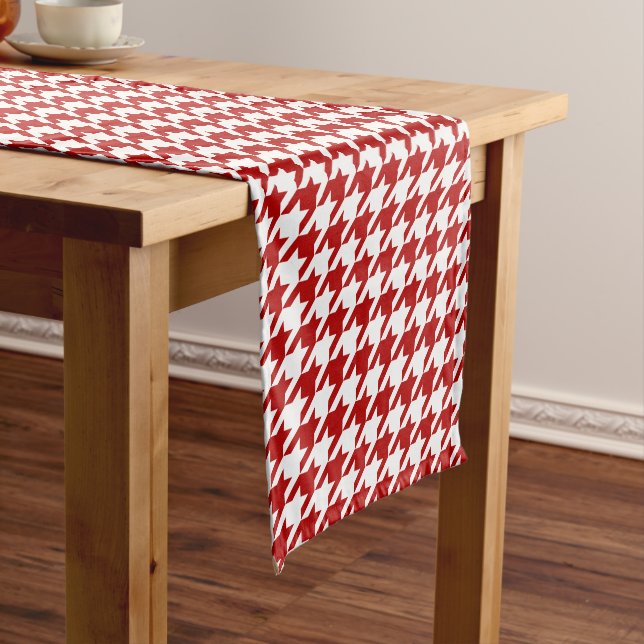 Modern Berry Red Houndstooth Short Table Runner (In Situ)