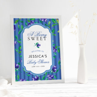 Modern Berry Sweet Blueberries Baby Shower Welcome Poster