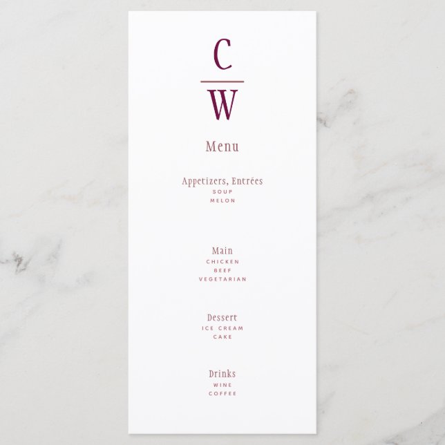 Modern Berry Wine Wedding Monogrammed Menu (Front)