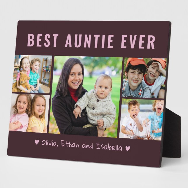 Modern Best Auntie Ever 5 Photo Collage Template Plaque (Side)