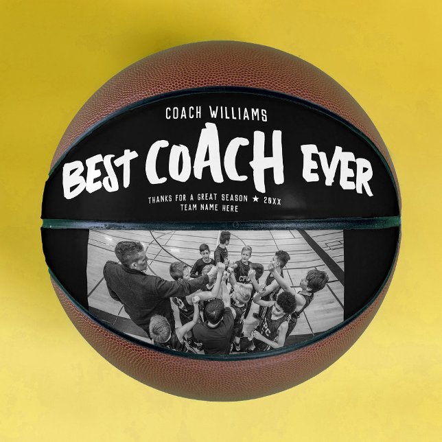 Modern BEST COACH EVER Cool Street Style Photo Basketball (A basketball featuring bold text saying "Best Coach Ever" on a black band, with 1 photo on the other)