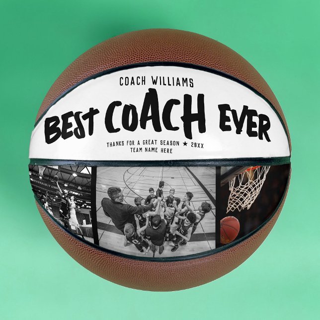 Modern BEST COACH EVER Cool Street Style Photos Basketball (A basketball featuring bold text saying "Best Coach Ever" on a white band, with a 3 photo collage)