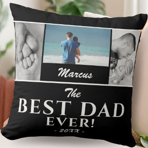 Modern Best Dad Black Father`s Day 3 Photo Collage Cushion