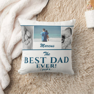 Modern Best Dad Blue Father`s Day 3 Photo Collage Cushion