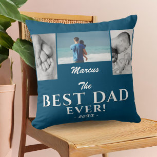 Modern Best Dad Blue Father`s Day 3 Photo Collage Cushion