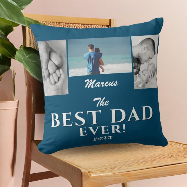 Modern Best Dad Blue Father`s Day 3 Photo Collage Cushion (Creator Uploaded)