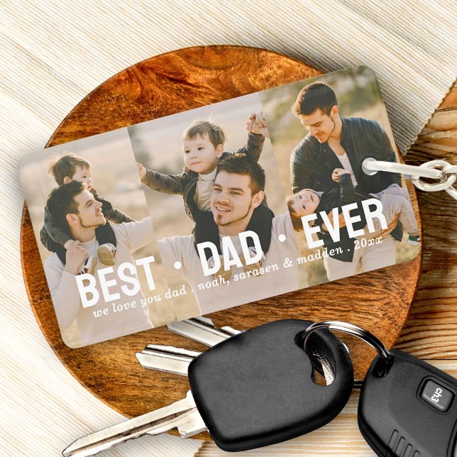 Modern Best Dad Ever 3 Photo Collage Custom Key Ring (Creator Uploaded)