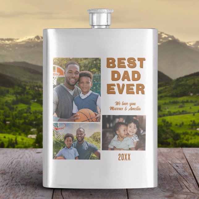 Modern Best Dad Ever 3 Photo Collage Father's Day  Hip Flask (Creator Uploaded)
