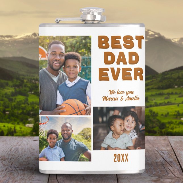 Modern Best Dad Ever 3 Photo Collage Father's Day  Hip Flask (Creator Uploaded)