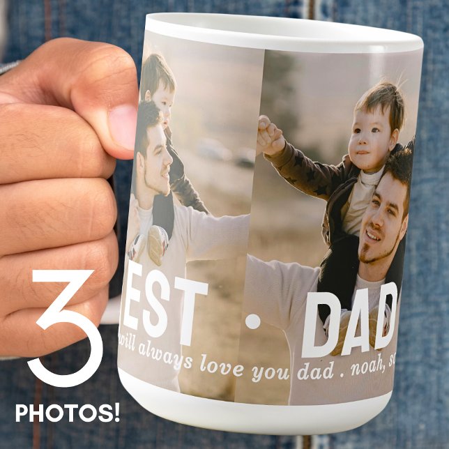 Modern Best Dad Ever 3 Photo Collage Personalised Coffee Mug (Creator Uploaded)
