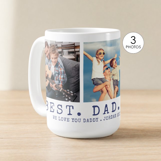 Modern BEST DAD EVER 3 Photos Navy Blue Custom Coffee Mug (Creator Uploaded)
