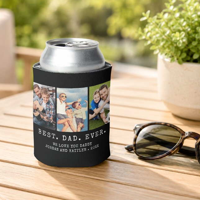 Modern BEST DAD EVER 3 Photos Personalised Can Cooler (Creator Uploaded)