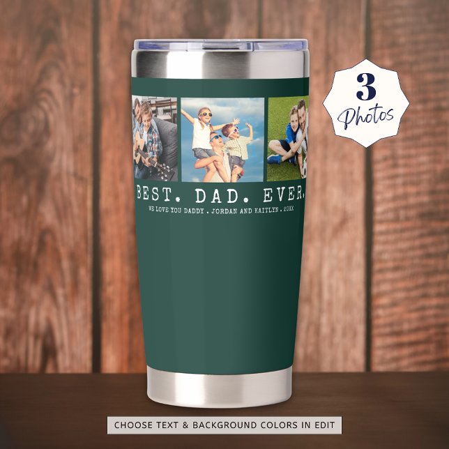 Modern BEST DAD EVER 3 Photos Personalised Green Insulated Tumbler (Creator Uploaded)