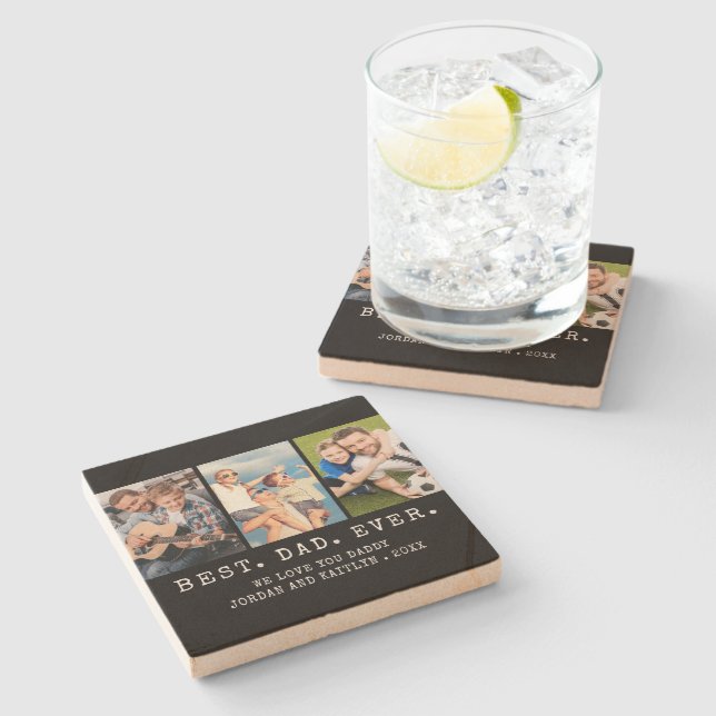 Modern BEST DAD EVER 3 Photos Personalised Stone Coaster (Side)