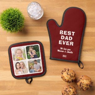 Modern Best Dad Ever 4 Photo Collage Father's Day Oven Mitt & Pot Holder Set