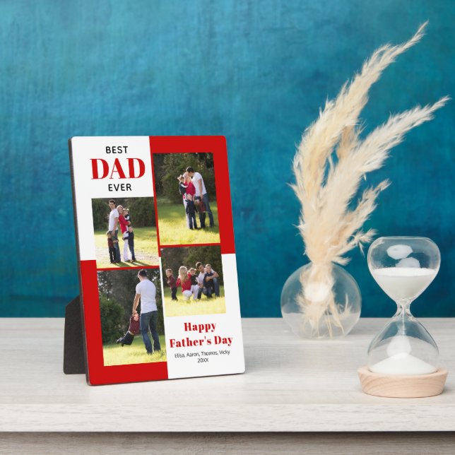 Modern Best Dad Ever four photos red Father's Day Plaque (Side)