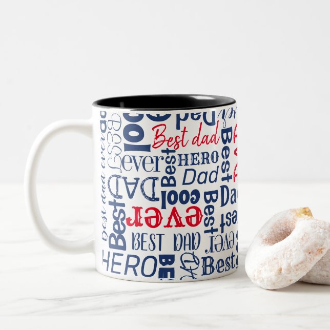 Modern Best Dad Ever Ttypography Red and Blue Two-Tone Coffee Mug (With Donut)