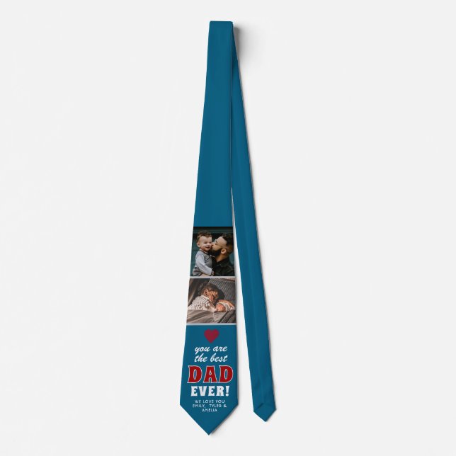 Modern Best Dad Teal Heart 2 Photo Fathers Day Tie (Front)