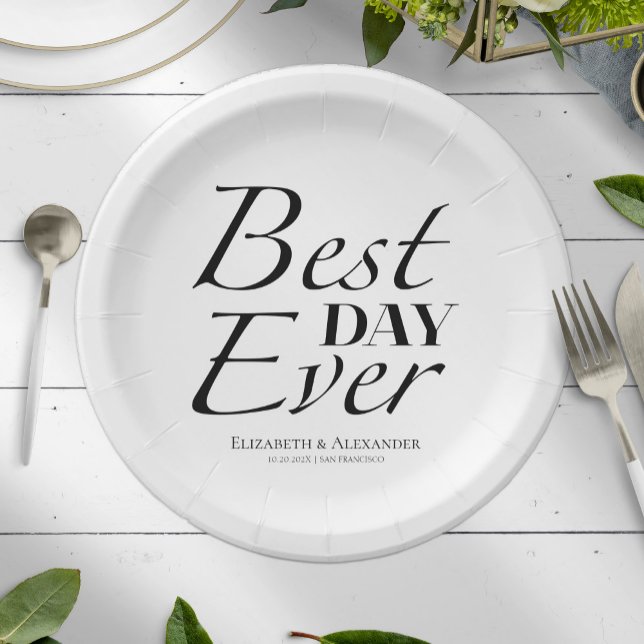 Modern Best Day Ever | Black & White Wedding Paper Plate (Creator Uploaded)
