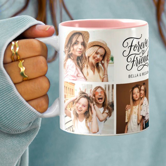 Modern Best Friend BFF Script photo Two-Tone Coffee Mug (A cute modern forever friends script photo mug. Personalize it with 7 photos and your names)